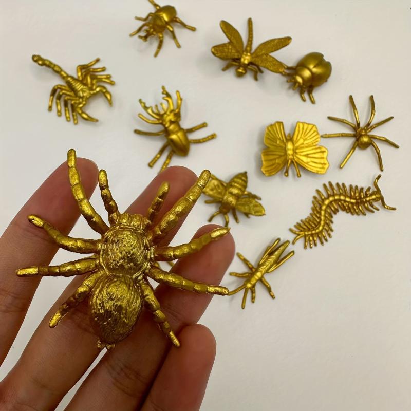 12pcs Golden Insect Models Spider Beetle Unicorn Butterfly Bee Dragonfly