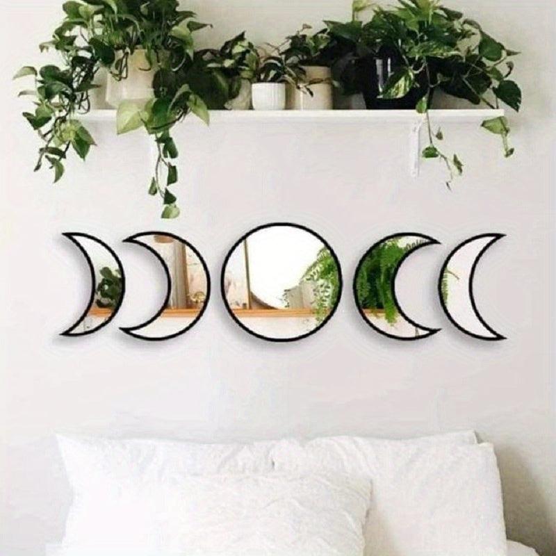 Set Of 5pcs Wooden Moon Mirror Decorative Mirror Wall Mounted Vanity Mirror