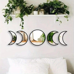 Set Of 5pcs Wooden Moon Mirror Decorative Mirror Wall Mounted Vanity Mirror