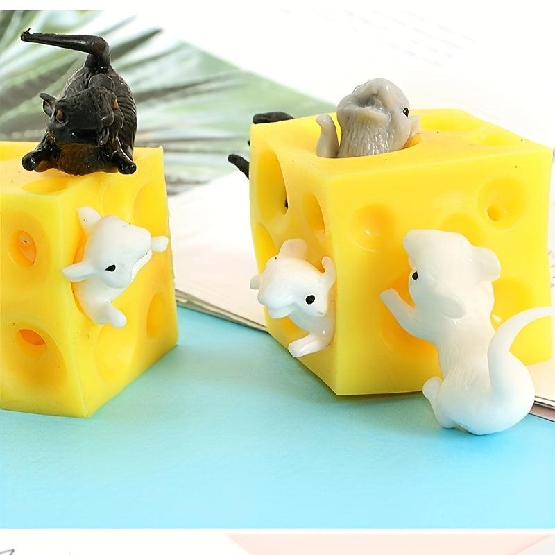 Rubber Cheese Fidget Toy with Mini Mice - Stress Relief for Adults