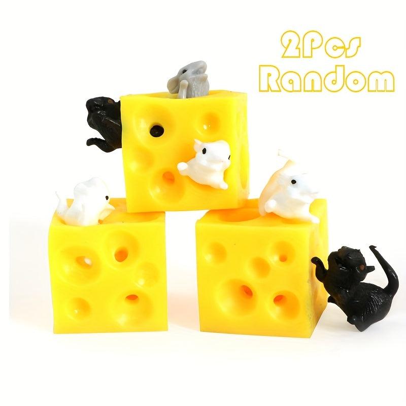 Rubber Cheese Fidget Toy with Mini Mice - Stress Relief for Adults