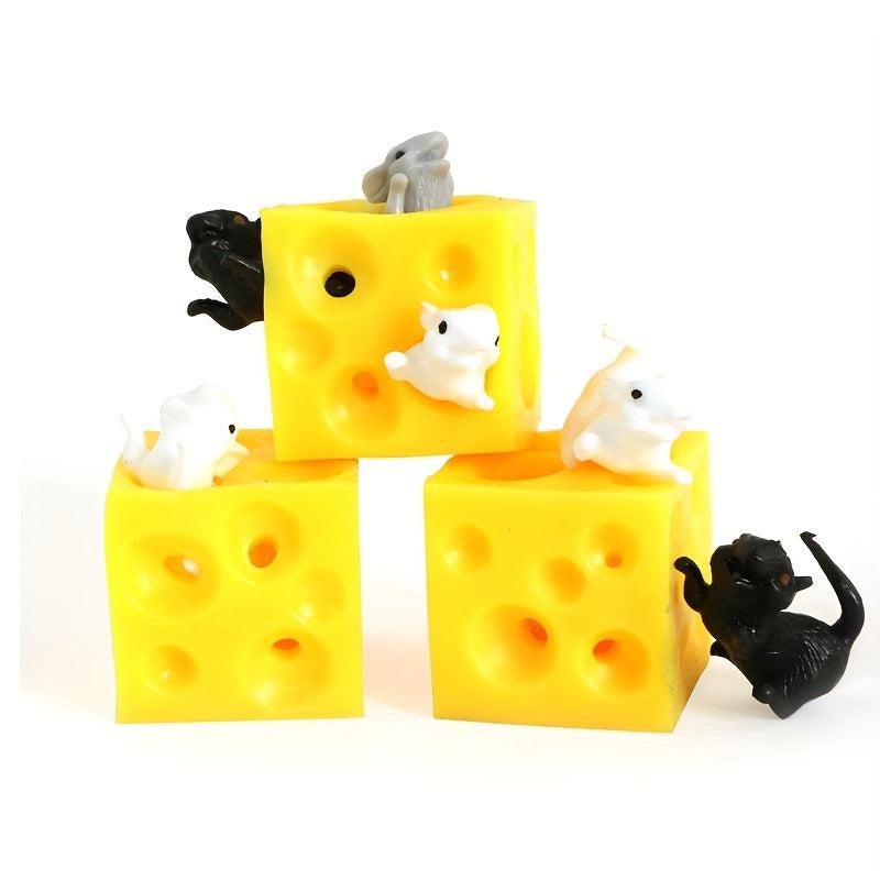 Rubber Cheese Fidget Toy with Mini Mice - Stress Relief for Adults