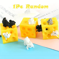 Rubber Cheese Fidget Toy with Mini Mice - Stress Relief for Adults