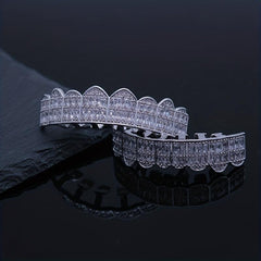 Unisex Noble 18K Big Golden Teeth Square Pave CZ 8 Teeth Top Bottom