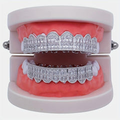 Unisex Noble 18K Big Golden Teeth Square Pave CZ 8 Teeth Top Bottom