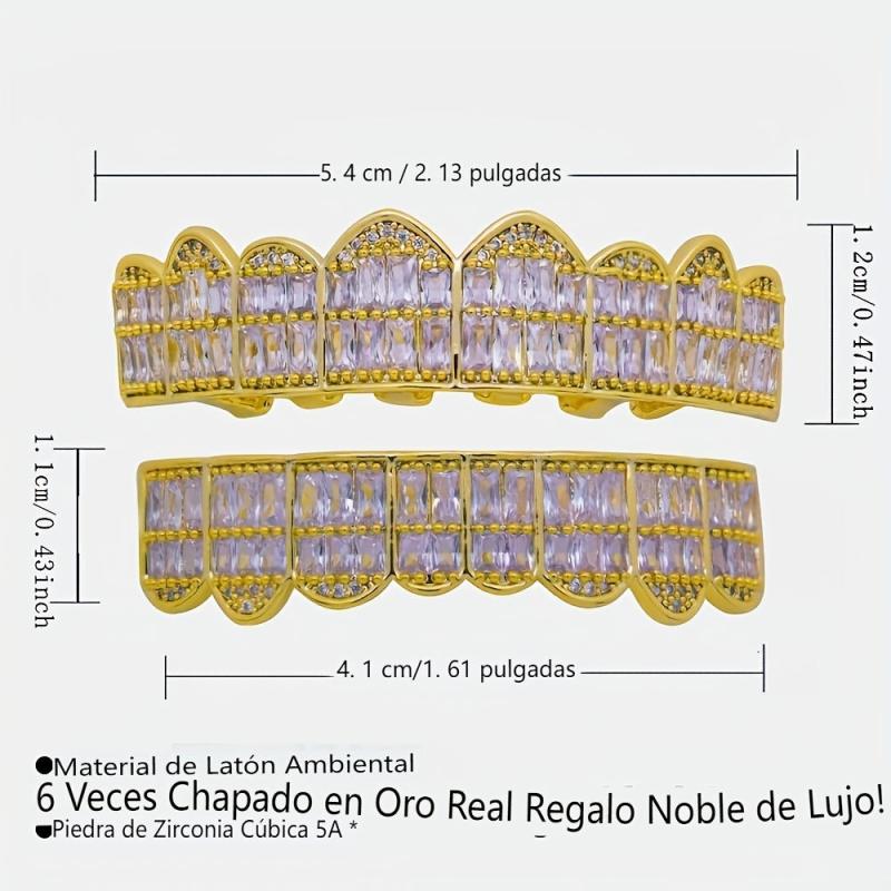 Unisex Noble 18K Big Golden Teeth Square Pave CZ 8 Teeth Top Bottom