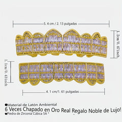 Unisex Noble 18K Big Golden Teeth Square Pave CZ 8 Teeth Top Bottom