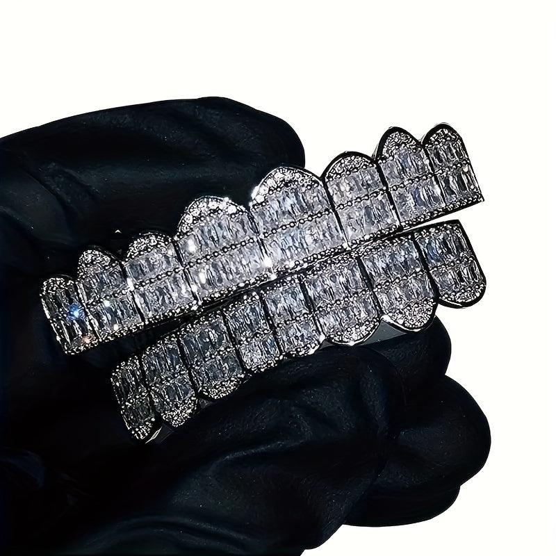 Unisex Noble 18K Big Golden Teeth Square Pave CZ 8 Teeth Top Bottom