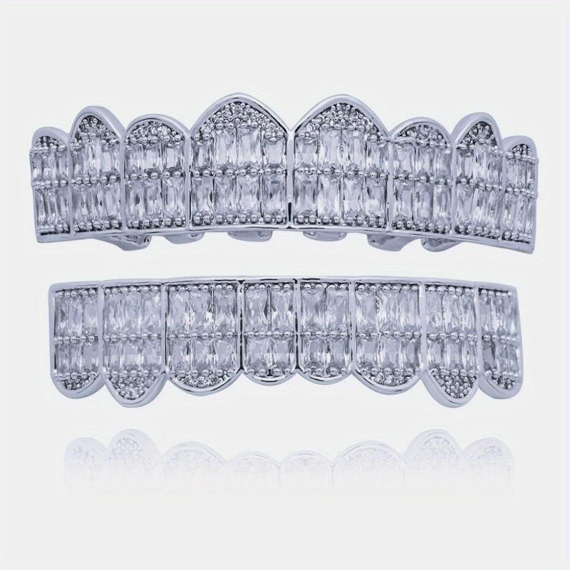 Unisex Noble 18K Big Golden Teeth Square Pave CZ 8 Teeth Top Bottom