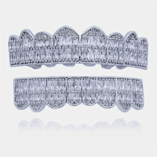 Unisex Noble 18K Big Golden Teeth Square Pave CZ 8 Teeth Top Bottom