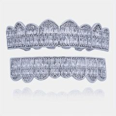 Unisex Noble 18K Big Golden Teeth Square Pave CZ 8 Teeth Top Bottom