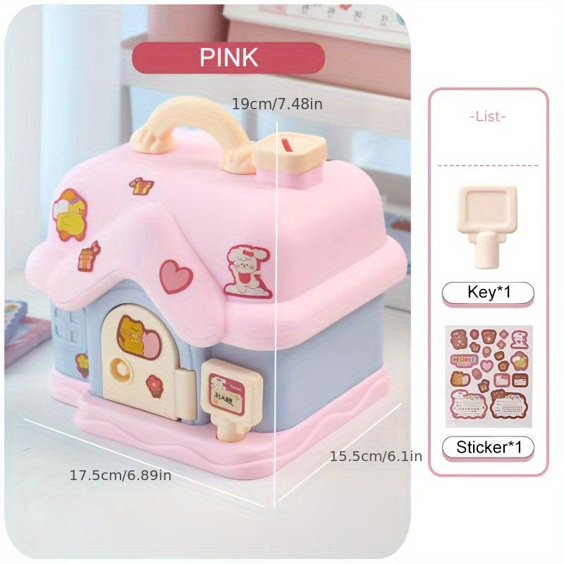 Pink House Piggy Bank with Key Lock for Kids