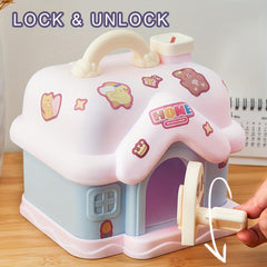 Pink House Piggy Bank with Key Lock for Kids