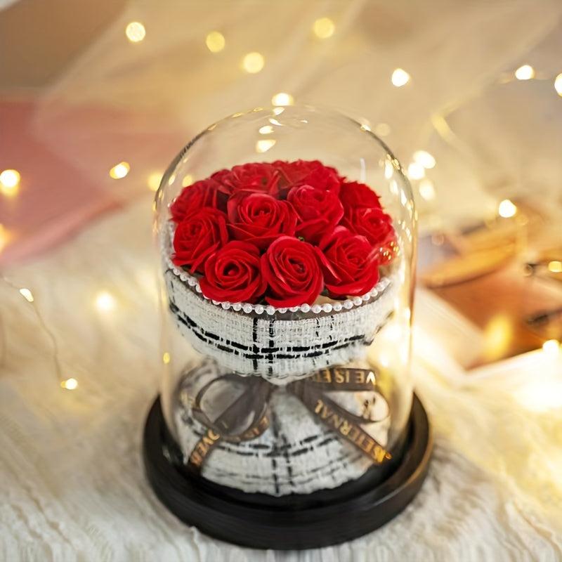 Soap Bouquet Glass Cover Small Fragrant Roses With Lights Artificial Flowers