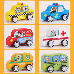 6pcs Wooden Taxi Fire Ambulance School Bus Toy Car Set