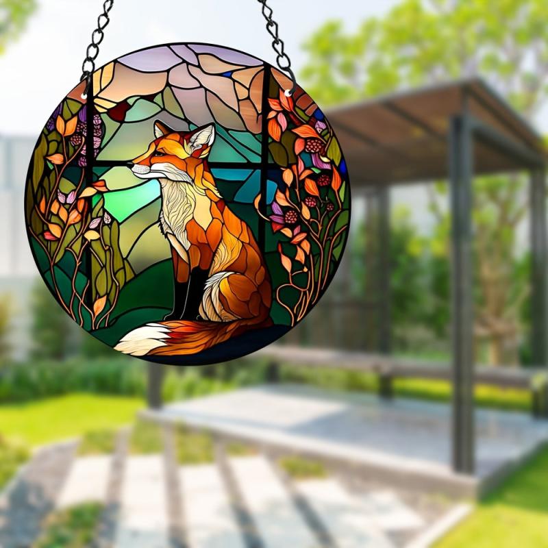 Lonely Fox Suncatcher Stained Acrylic Suncatcher Green Night Sky Ornament