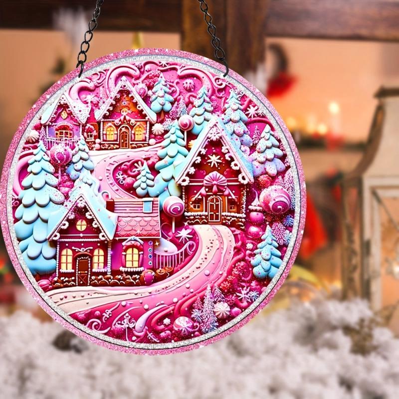 Pink Christmas Village Suncatcher 3D Pink Window Wall Hanging Ornament Decor