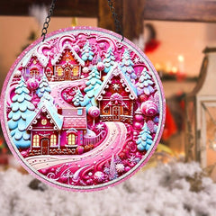 Pink Christmas Village Suncatcher 3D Pink Window Wall Hanging Ornament Decor