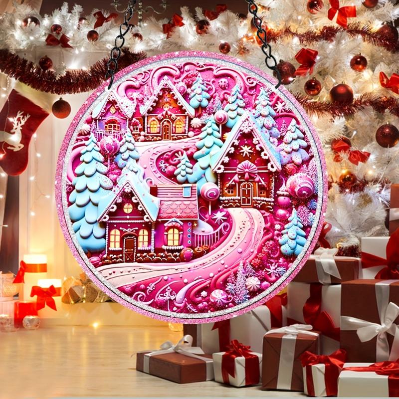 Pink Christmas Village Suncatcher 3D Pink Window Wall Hanging Ornament Decor