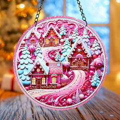 Pink Christmas Village Suncatcher 3D Pink Window Wall Hanging Ornament Decor