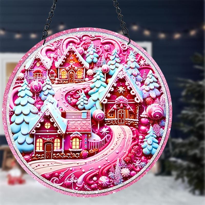 Pink Christmas Village Suncatcher 3D Pink Window Wall Hanging Ornament Decor