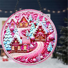 Pink Christmas Village Suncatcher 3D Pink Window Wall Hanging Ornament Decor
