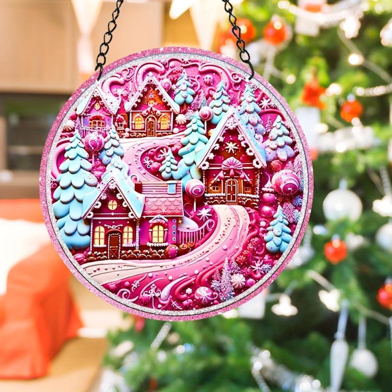 Pink Christmas Village Suncatcher 3D Pink Window Wall Hanging Ornament Decor