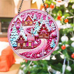 Pink Christmas Village Suncatcher 3D Pink Window Wall Hanging Ornament Decor