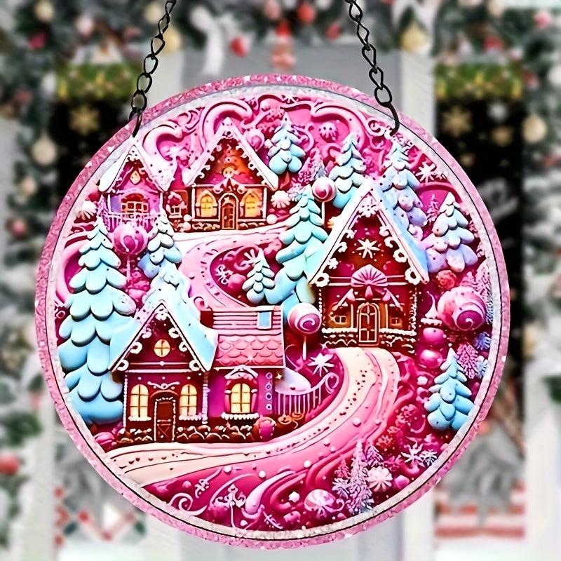 Pink Christmas Village Suncatcher 3D Pink Window Wall Hanging Ornament Decor