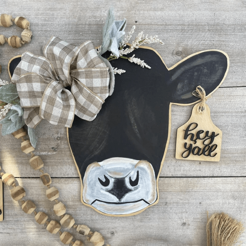 Farm Cow Head Wooden Door Ring Sign Front Door Hanger