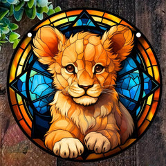 Lion Cub Acrylic Stained Window Hanging - Hand Painted Outdoor Panel Decoration
