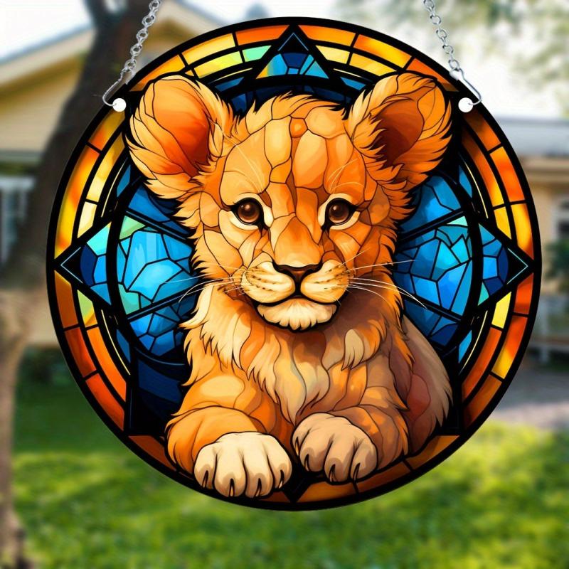 Lion Cub Acrylic Stained Window Hanging - Hand Painted Outdoor Panel Decoration