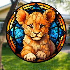 Lion Cub Acrylic Stained Window Hanging - Hand Painted Outdoor Panel Decoration