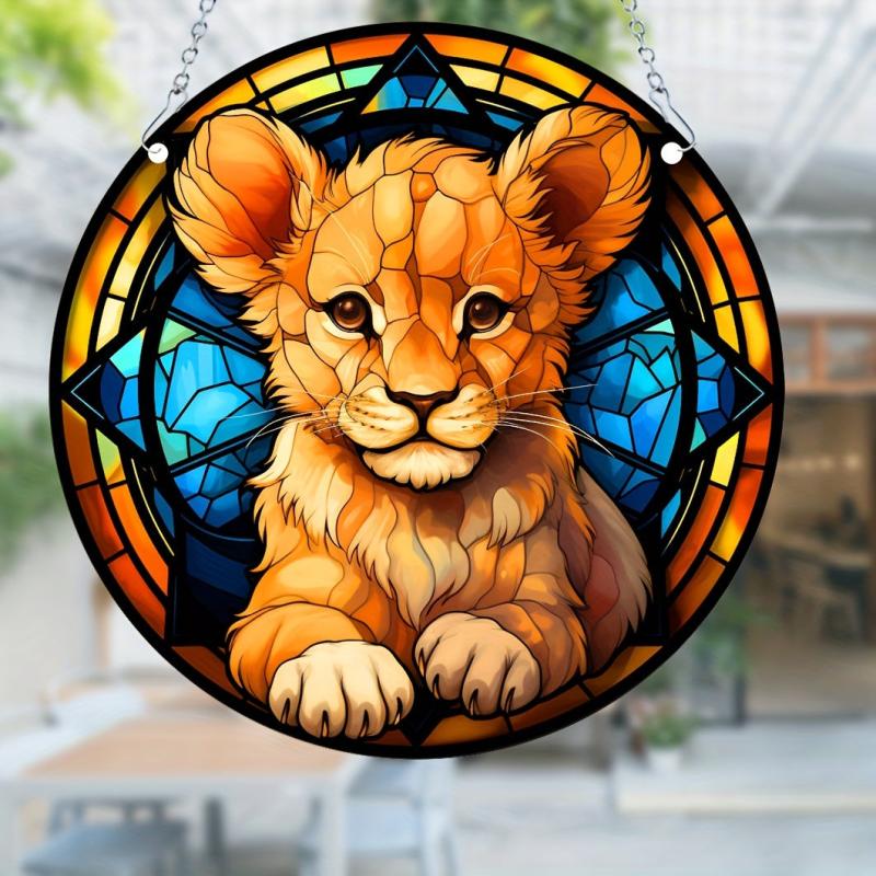 Lion Cub Acrylic Stained Window Hanging - Hand Painted Outdoor Panel Decoration