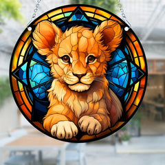 Lion Cub Acrylic Stained Window Hanging - Hand Painted Outdoor Panel Decoration