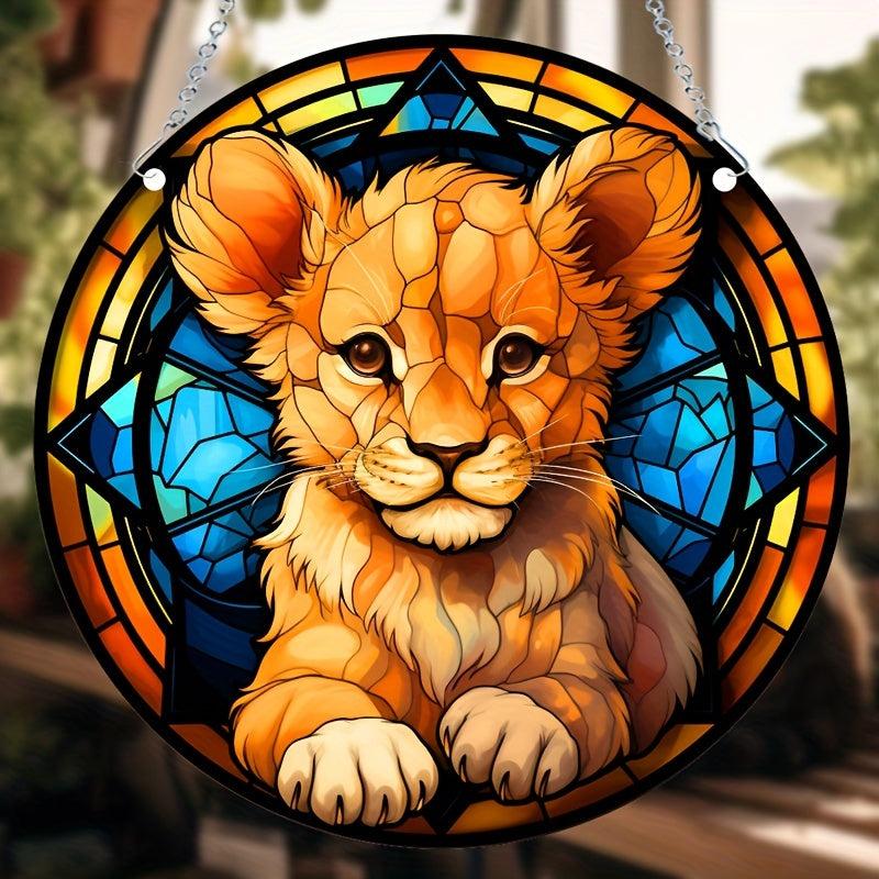 Lion Cub Acrylic Stained Window Hanging - Hand Painted Outdoor Panel Decoration