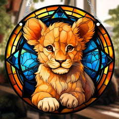 Lion Cub Acrylic Stained Window Hanging - Hand Painted Outdoor Panel Decoration
