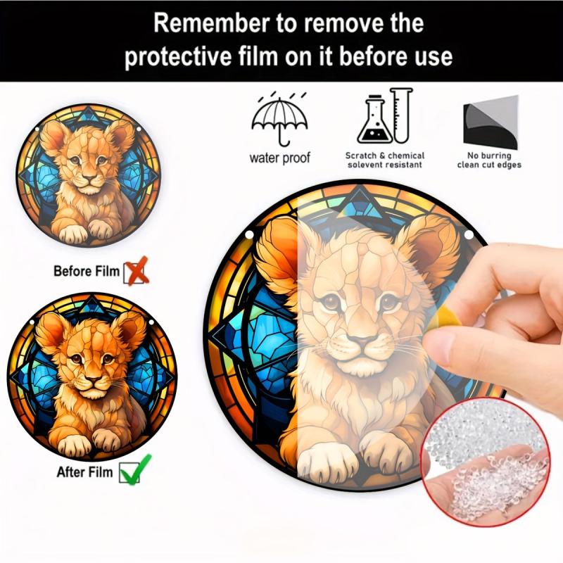 Lion Cub Acrylic Stained Window Hanging - Hand Painted Outdoor Panel Decoration
