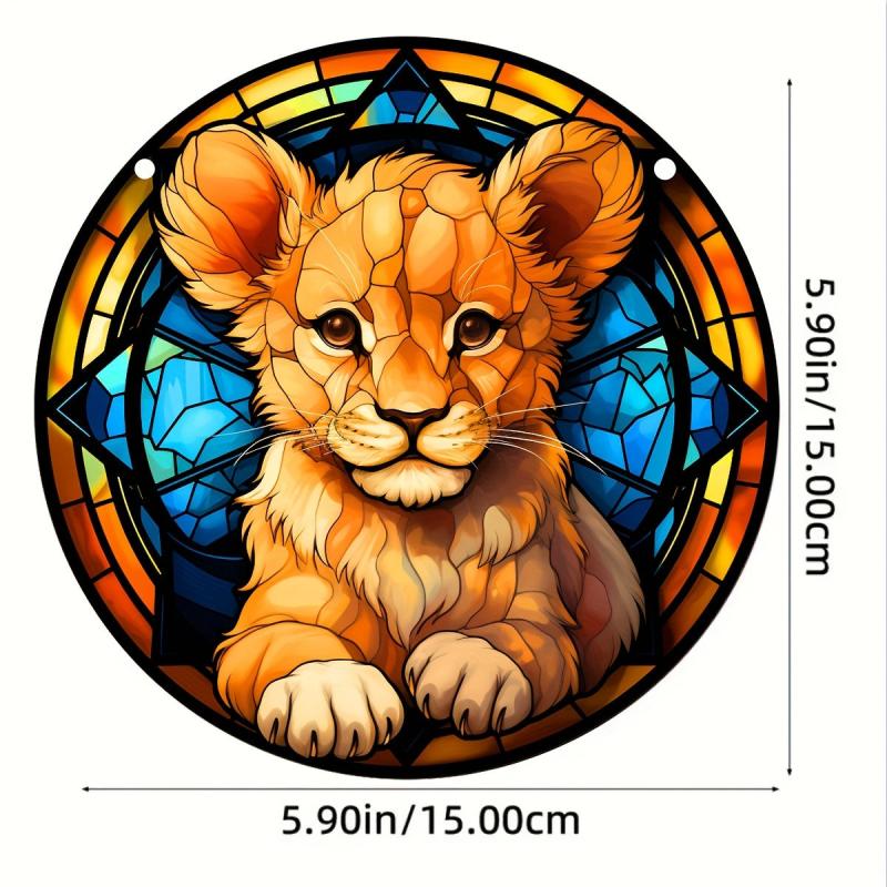 Lion Cub Acrylic Stained Window Hanging - Hand Painted Outdoor Panel Decoration