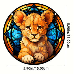 Lion Cub Acrylic Stained Window Hanging - Hand Painted Outdoor Panel Decoration
