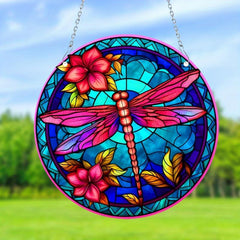 Dragonfly & Flowers Stained Glass Window Hanging