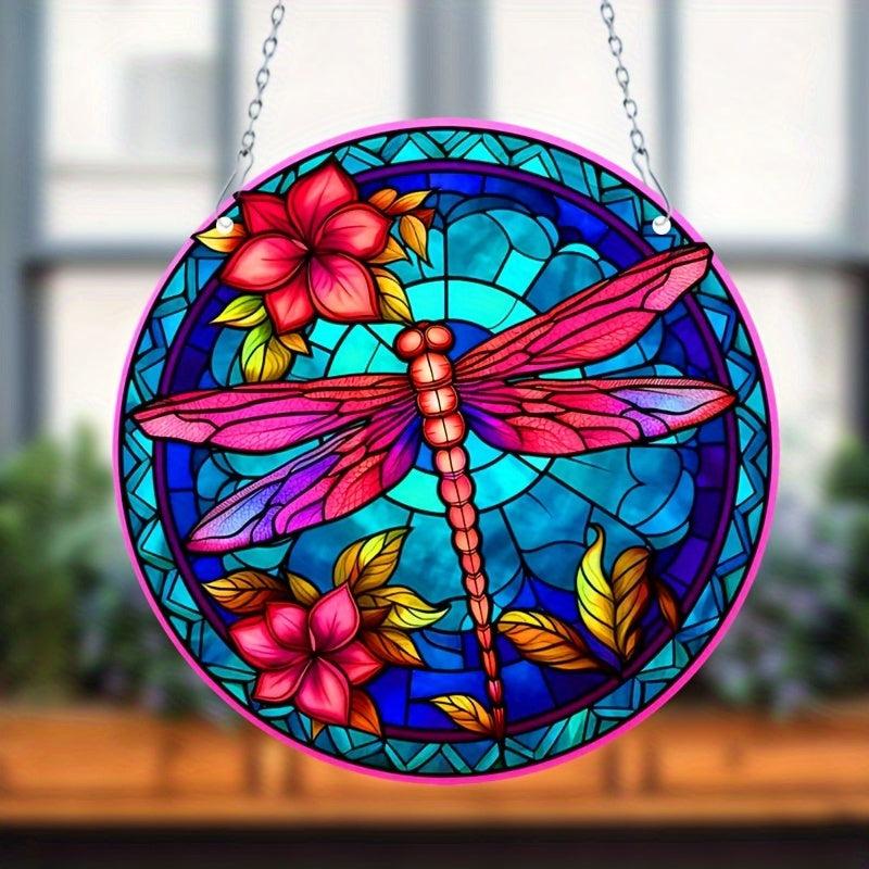 Dragonfly & Flowers Stained Glass Window Hanging