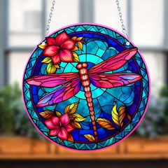Dragonfly & Flowers Stained Glass Window Hanging