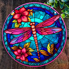 Dragonfly & Flowers Stained Glass Window Hanging