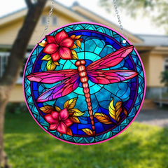 Dragonfly & Flowers Stained Glass Window Hanging