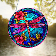 Dragonfly & Flowers Stained Glass Window Hanging