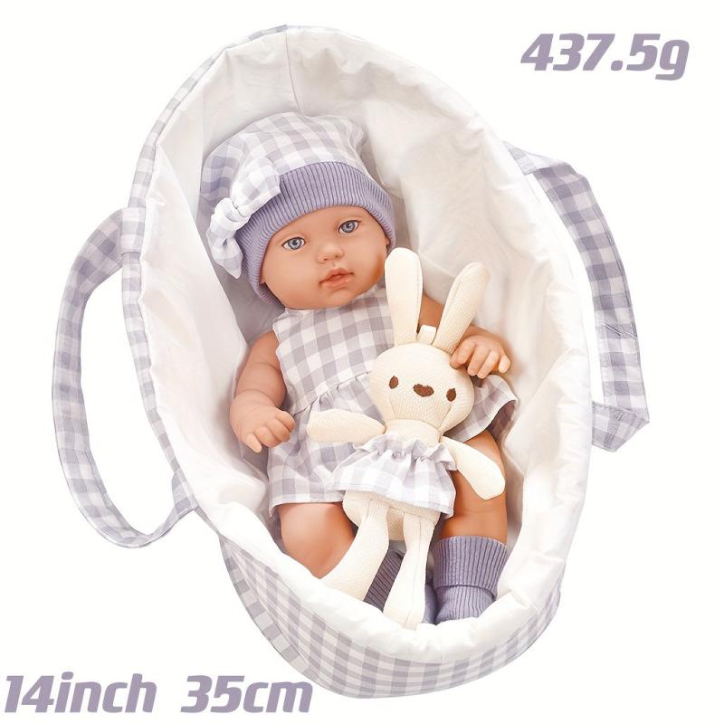 14 inch Reborn Doll with Soothing Rabbit Doll and Sleeping Basket Set