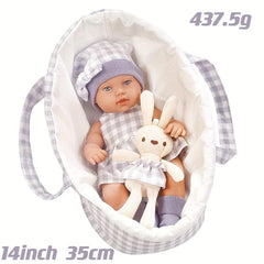 14 inch Reborn Doll with Soothing Rabbit Doll and Sleeping Basket Set
