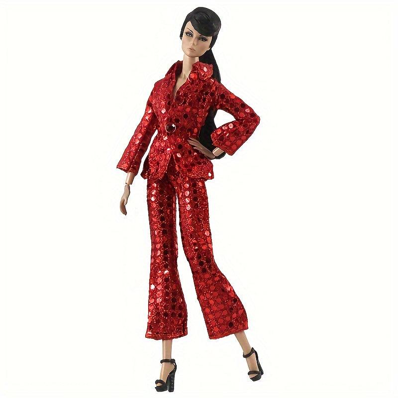 Vintage Red Sequin Suit For Doll Doll Suit Red Bead Sheet Dress Shirt Tie Set
