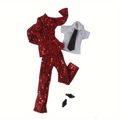 Vintage Red Sequin Suit For Doll Doll Suit Red Bead Sheet Dress Shirt Tie Set